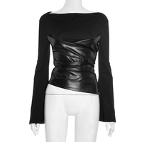 Crew neck knitted tube top with gathered leather panels and flared sleeves - Thumbnail 3
