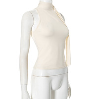 Solid color sleeveless high collar tied ribbon T-shirt top - Thumbnail 1