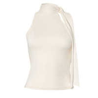 Solid color sleeveless high collar tied ribbon T-shirt top - Thumbnail 3