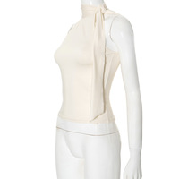 Solid color sleeveless high collar tied ribbon T-shirt top - Thumbnail 4