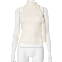 Solid color sleeveless high collar tied ribbon T-shirt top - Thumbnail 5