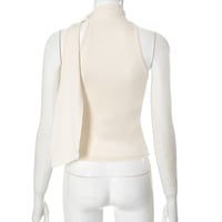 Solid color sleeveless high collar tied ribbon T-shirt top - Thumbnail 6