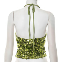 Solid Color Sequined Halter V-Neck Zipper T-Shirt Top - Thumbnail 1