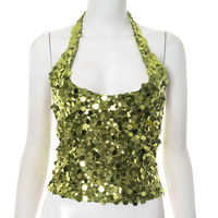 Solid Color Sequined Halter V-Neck Zipper T-Shirt Top - Thumbnail 3