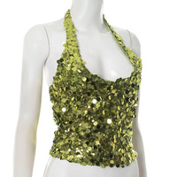 Solid Color Sequined Halter V-Neck Zipper T-Shirt Top - Thumbnail 4