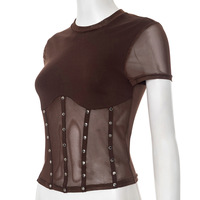 Solid color round neck metal rivet sexy punk short-sleeved T-shirt - Thumbnail 1