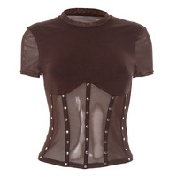 Solid color round neck metal rivet sexy punk short-sleeved T-shirt - Thumbnail 5