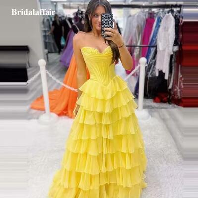Strapless corset tiered prom dresses 2025 plus size long sleeveless formal evening gowns with slit for women custom made
