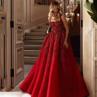 A-line red prom dress backless party gowns sweetheart side split floor-length formal evening dress customized 