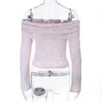 Sexy Slim Fit 3D Flower Gathered Long Sleeve Top - Thumbnail 5