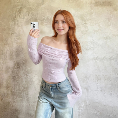 Sexy Slim Fit 3D Flower Gathered Long Sleeve Top