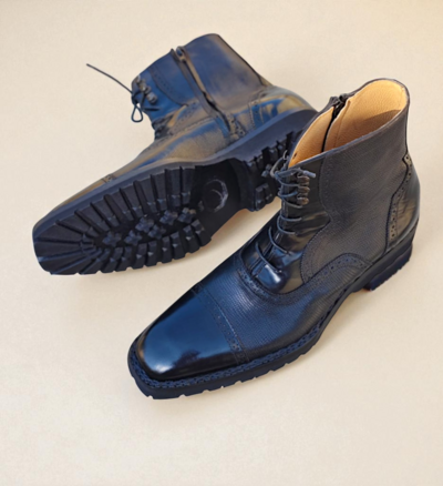 Crafted Leather Classic Men Black Leather Ankle High Lace up Vibram/Commando Sole Boot