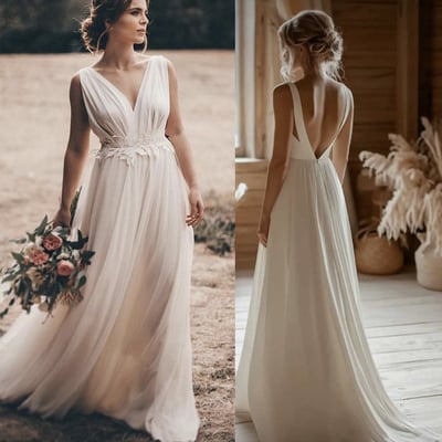 V neck v back wedding dresses bridal gown