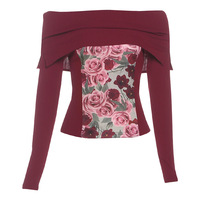 Fashionable and versatile plant print one-shoulder long-sleeved T-shirt top - Thumbnail 4