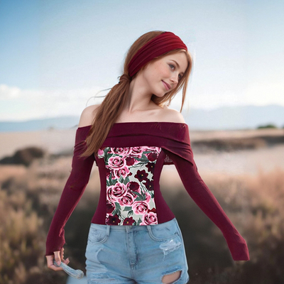 Fashionable and versatile plant print one-shoulder long-sleeved t-shirt top - Thumbnail 3