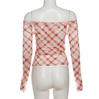 One-shoulder long-sleeved slim-fit thin mesh plaid T-shirt top - Thumbnail 1