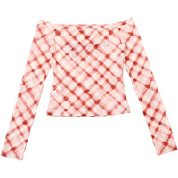 One-shoulder long-sleeved slim-fit thin mesh plaid T-shirt top - Thumbnail 2