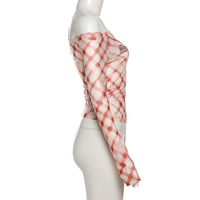 One-shoulder long-sleeved slim-fit thin mesh plaid T-shirt top - Thumbnail 4