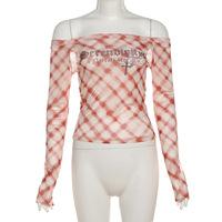 One-shoulder long-sleeved slim-fit thin mesh plaid T-shirt top - Thumbnail 5