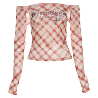 One-shoulder long-sleeved slim-fit thin mesh plaid T-shirt top - Thumbnail 6