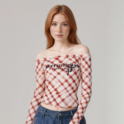 One-shoulder long-sleeved slim-fit thin mesh plaid T-shirt top