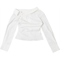 Designed off-shoulder waisted pleated long-sleeved shirt - Thumbnail 1