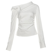 Designed off-shoulder waisted pleated long-sleeved shirt - Thumbnail 3