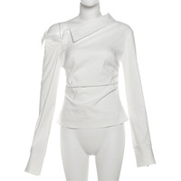 Designed off-shoulder waisted pleated long-sleeved shirt - Thumbnail 4