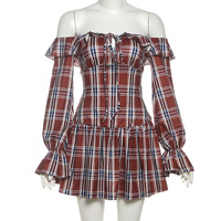 One-shoulder striped plaid long-sleeved dress - Thumbnail 1