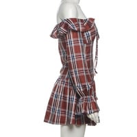 One-shoulder striped plaid long-sleeved dress - Thumbnail 2