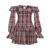 One-shoulder striped plaid long-sleeved dress - Thumbnail 5