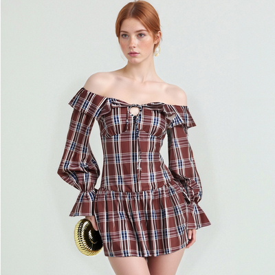 One-shoulder striped plaid long-sleeved dress