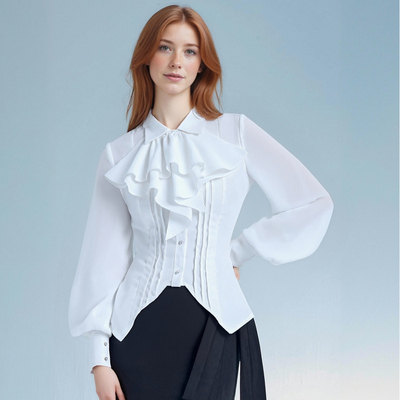 Gothic style lantern sleeve shirt new white versatile slim fit top - Thumbnail 2