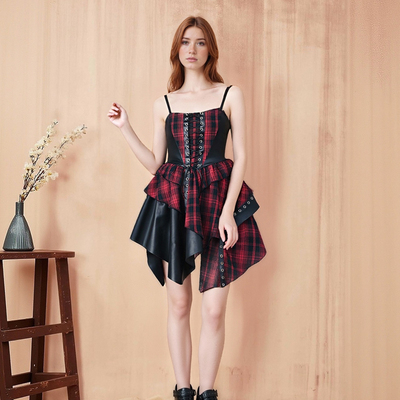 Irregular punk hottie plaid skirt subculture temperament all-match dark style long skirt