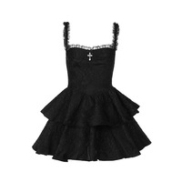 Dark style jacquard double-layer cake-style suspender skirt - Thumbnail 4