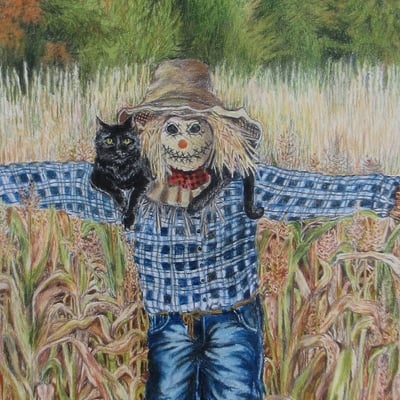 Scarecrow and scaredy cat, original colored pencil artwork, by n.e.thompson, size 11x17 inches