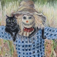Scarecrow And Scaredy Cat, Original colored pencil artwork, By N.E.Thompson, size 11x17 inches - Thumbnail 1