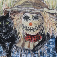 Scarecrow And Scaredy Cat, Original colored pencil artwork, By N.E.Thompson, size 11x17 inches - Thumbnail 4