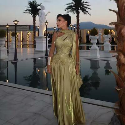 Shiny evening dress one shoulder mermaid formal occasion elegant pleat arabic prom gowns customized