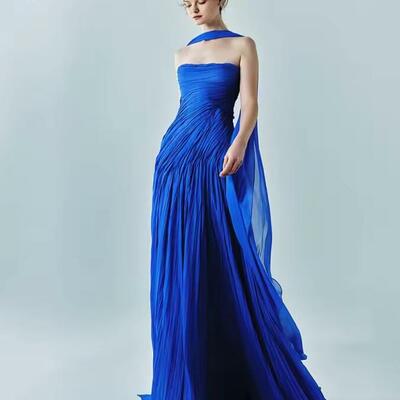 Royal blue evening dress elegant strapless a line prom dress flowing hand-pleated silk prom party dress customized
