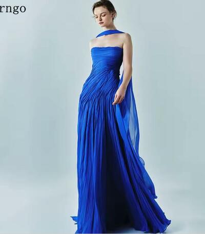 Royal Blue Evening Dress Elegant Strapless A Line Prom Dress Flowing Hand-pleated Silk Prom Party Dress Customized