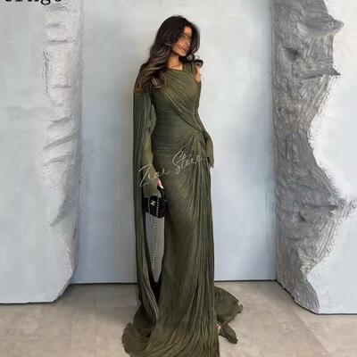 Shiny evening dress o neck full sleeves formal occasion elegant pleat arabic prom gowns customized