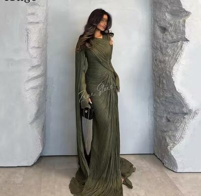 Shiny Evening Dress O Neck Full Sleeves Formal Occasion Elegant Pleat Arabic Prom Gowns Customized