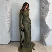 Shiny Evening Dress O Neck Full Sleeves Formal Occasion Elegant Pleat Arabic Prom Gowns Customized - Thumbnail 4