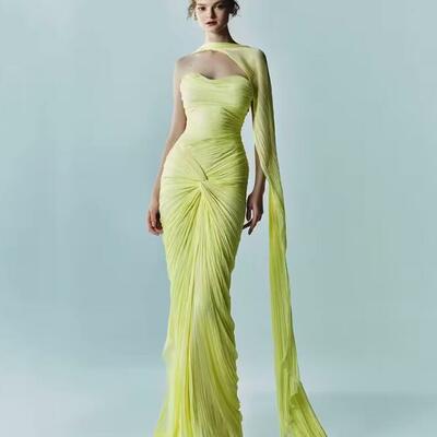 Light green chiffon evening dress strapless mermaid ruched-sash silk party gowns elegant formal occasion dress customized