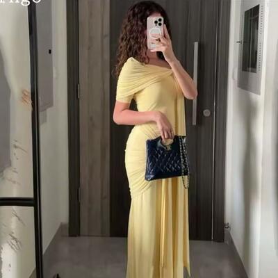 Blush yellow crepe evening dress off the shoulder mermaid formal occasion pleat prom party gowns customized