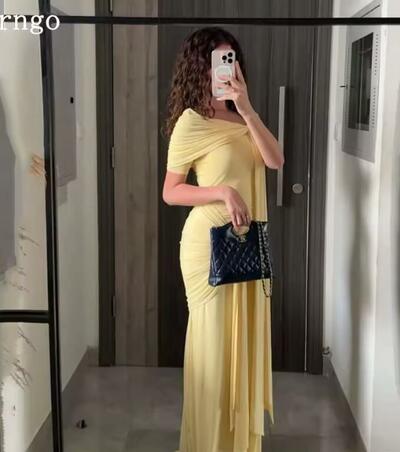 Blush Yellow Crepe Evening Dress Off The Shoulder Mermaid Formal Occasion Pleat Prom Party Gowns Customized
