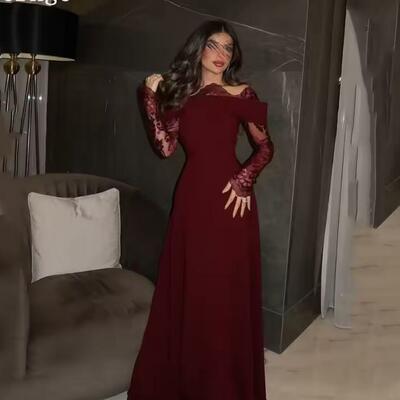 Burgundy crepe evening dress off the shoulder a line full sleeves lace prom gown elegant prom party dresses customized
