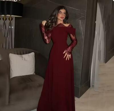 Burgundy Crepe Evening Dress Off The Shoulder A Line Full Sleeves Lace Prom Gown Elegant Prom Party Dresses Customized