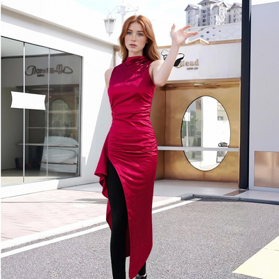 Women's backless round neck sleeveless high slit dress